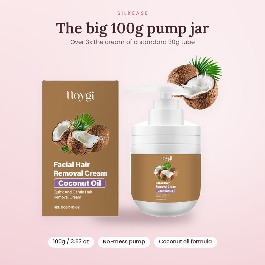 Coconut facial hair removal cream, 100g pump jar and box