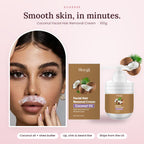 Model with coconut facial hair removal cream applied above the lip, next to the 100g pump jar and box