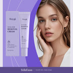 Hoygi facial hair removal cream, 30g tube and box, shown with a model with smooth skin
