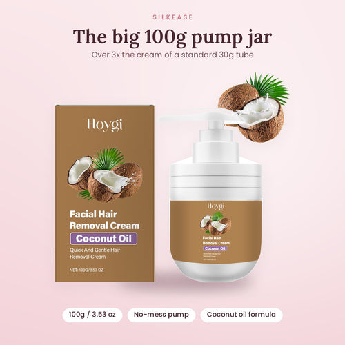 Coconut facial hair removal cream, 100g pump jar and box