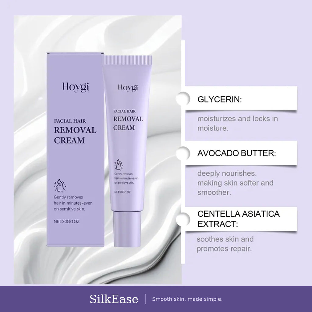Facial hair removal cream ingredients: glycerin, avocado butter, centella asiatica extract