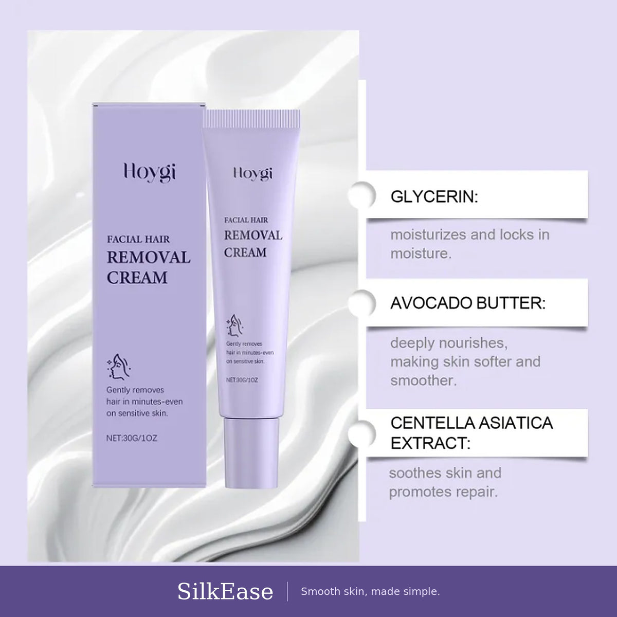 Facial hair removal cream ingredients: glycerin, avocado butter, centella asiatica extract