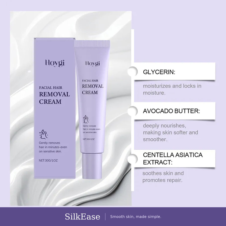 Facial hair removal cream ingredients: glycerin, avocado butter, centella asiatica extract