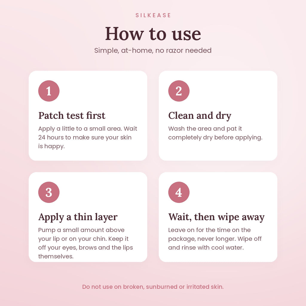 How to use the coconut facial hair removal cream in 4 steps, starting with a patch test