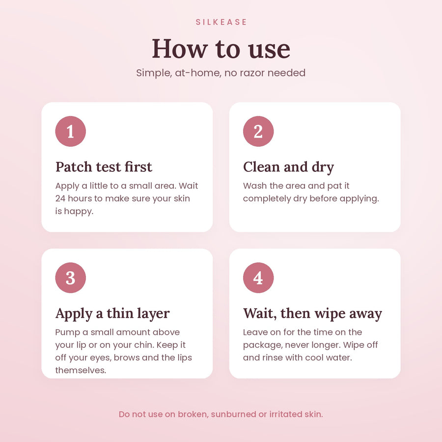 How to use the coconut facial hair removal cream in 4 steps, starting with a patch test