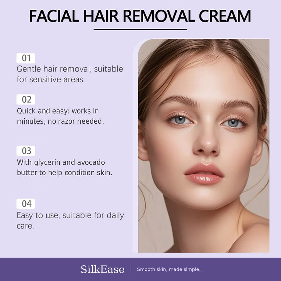 Facial hair removal cream benefits: gentle, quick and easy, with glycerin and avocado butter