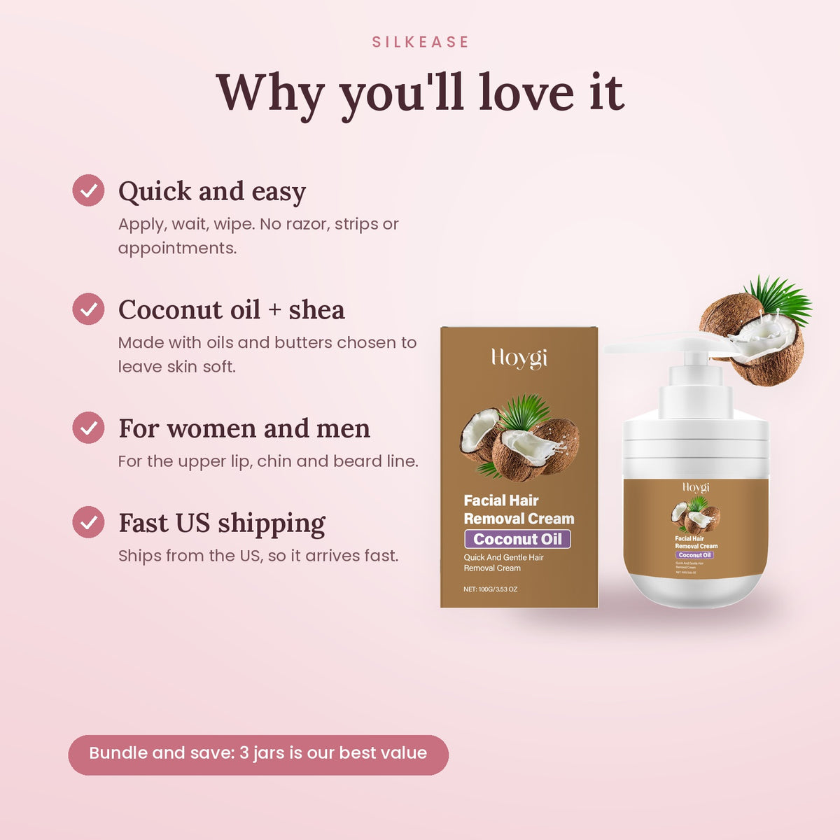 Benefits of the coconut facial hair removal cream: quick, coconut oil and shea, for women and men, fast US shipping